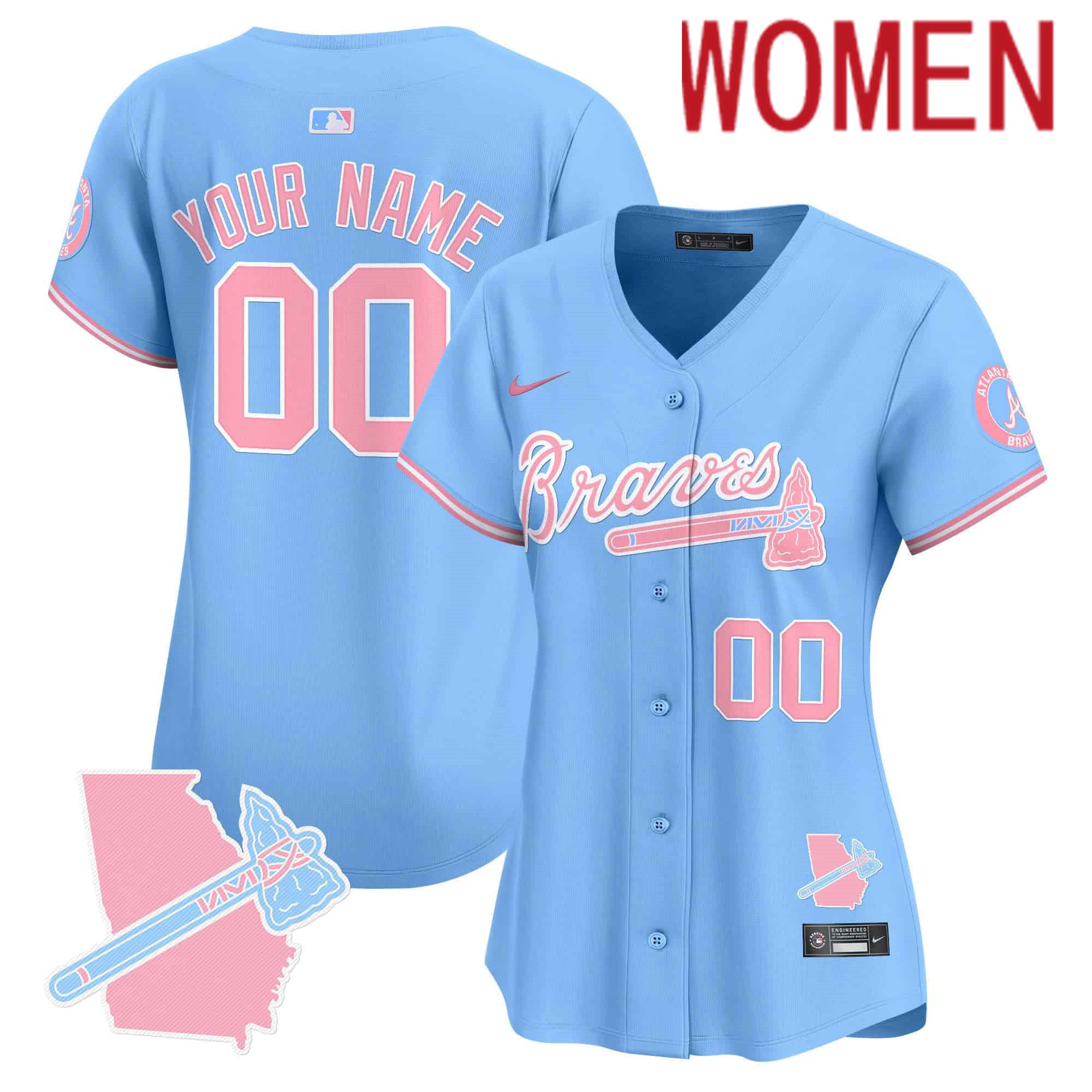Women Atlanta Braves Blue 2024 Nike Bubblegum Pink Vapor Premier Limited Custom MLB Jersey->customized mlb jersey->Custom Jersey